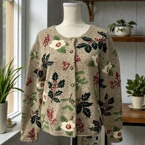 Northern Isles Floral Knit Cardigan Wool Blend Cottagecore Sweater L